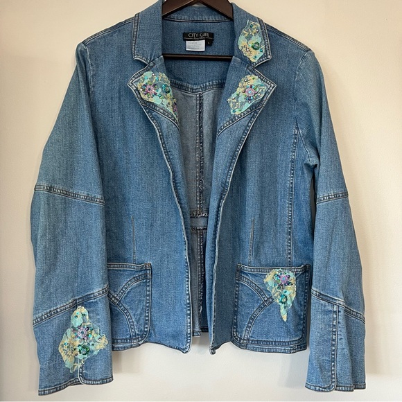 Nancy Bolen City Girl Jackets & Blazers - Nancy Bolen City Girl Embellished Denim Jean Jacket Size Large Sequins Artsy VTG